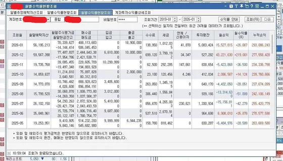 월별 계좌수익률 (2025.05~2026.01) — 키움증권 화면 캡처