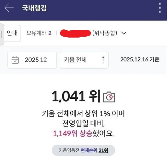 키움 전체 상위 1% — 키움증권 화면 캡처 (1,041위 / 전체)